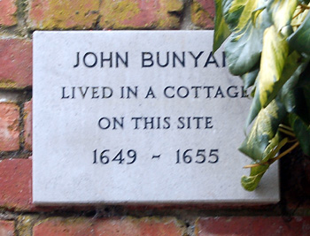 The plaque on the site of Bunyan's Cottage February 2012